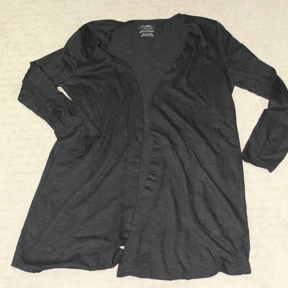 Chicos The Ultimate Tee Black Cardigan Slub Knit Open Front 0/S Petite